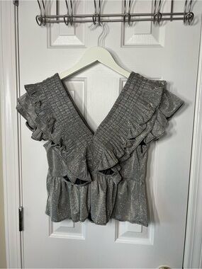 Women's Silver Ruffle V-Neck Blouse with Sparkle